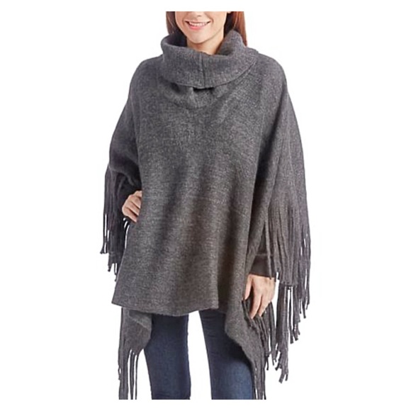 New York Collection Sweater Poncho W/Fringes Sweater Gray Color Sweater Size M - Picture 10 of 10